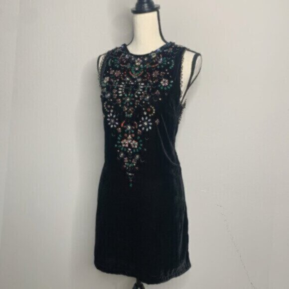 Vintage Beaded Black Velvet Mini Dress Floral Embellished Cocktail Mini Dress - Picture 6 of 17